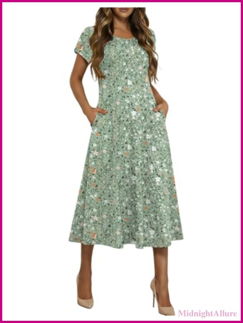 Women's Summer Midi Dress Petal Short Sleeve A-Line Flowy Sundress